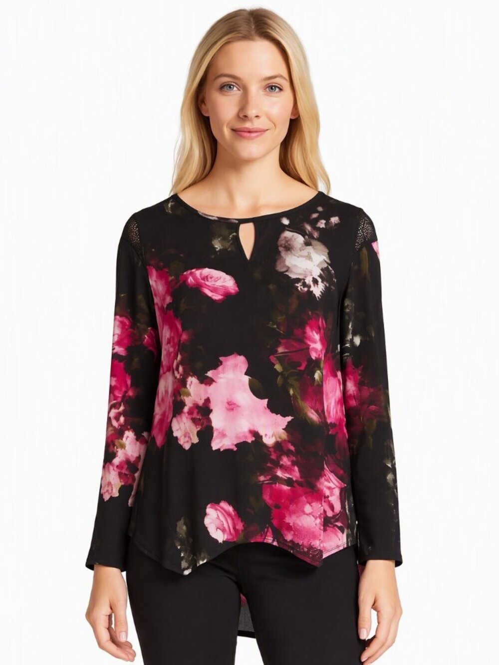 Ellen Tracy Black Pink Floral Lace Hi Lo Blouse Medium